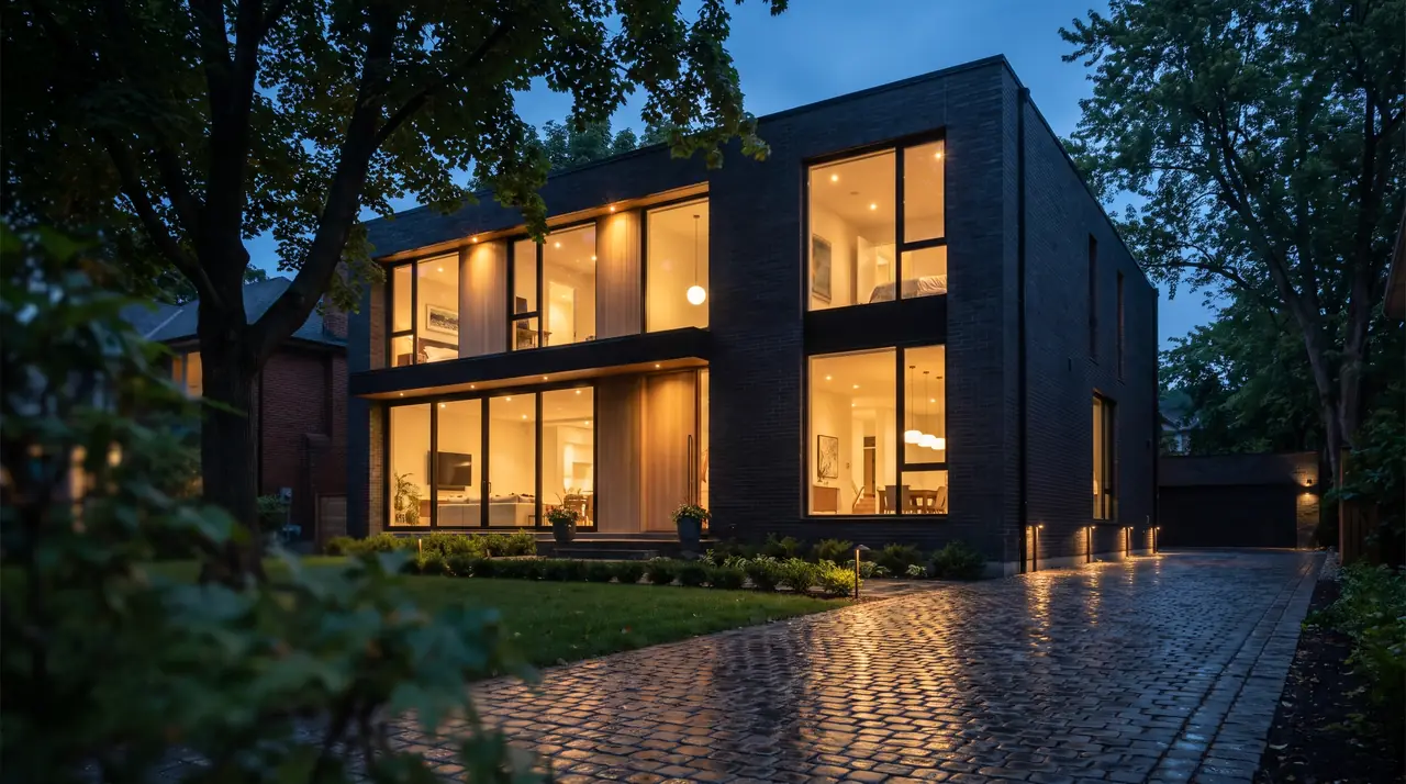 Modern Toronto home at dusk with warm interior lighting