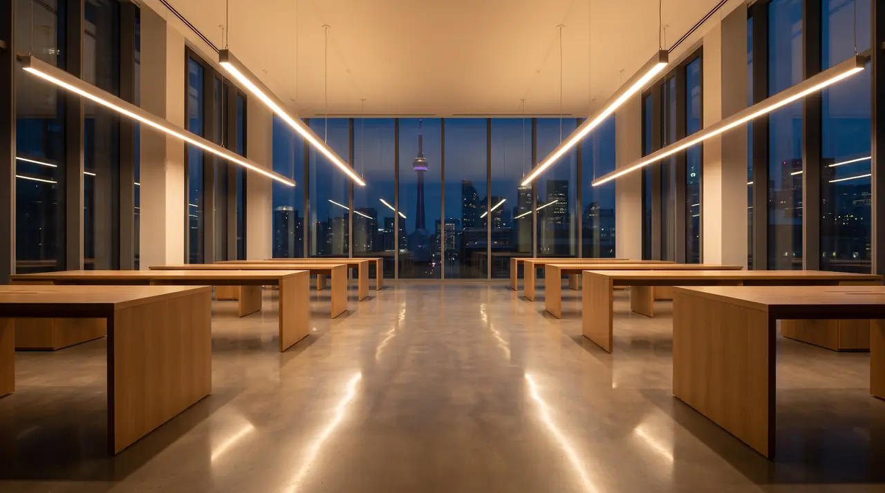 Downtown Toronto office at night with linear LED lighting and the CN Tower